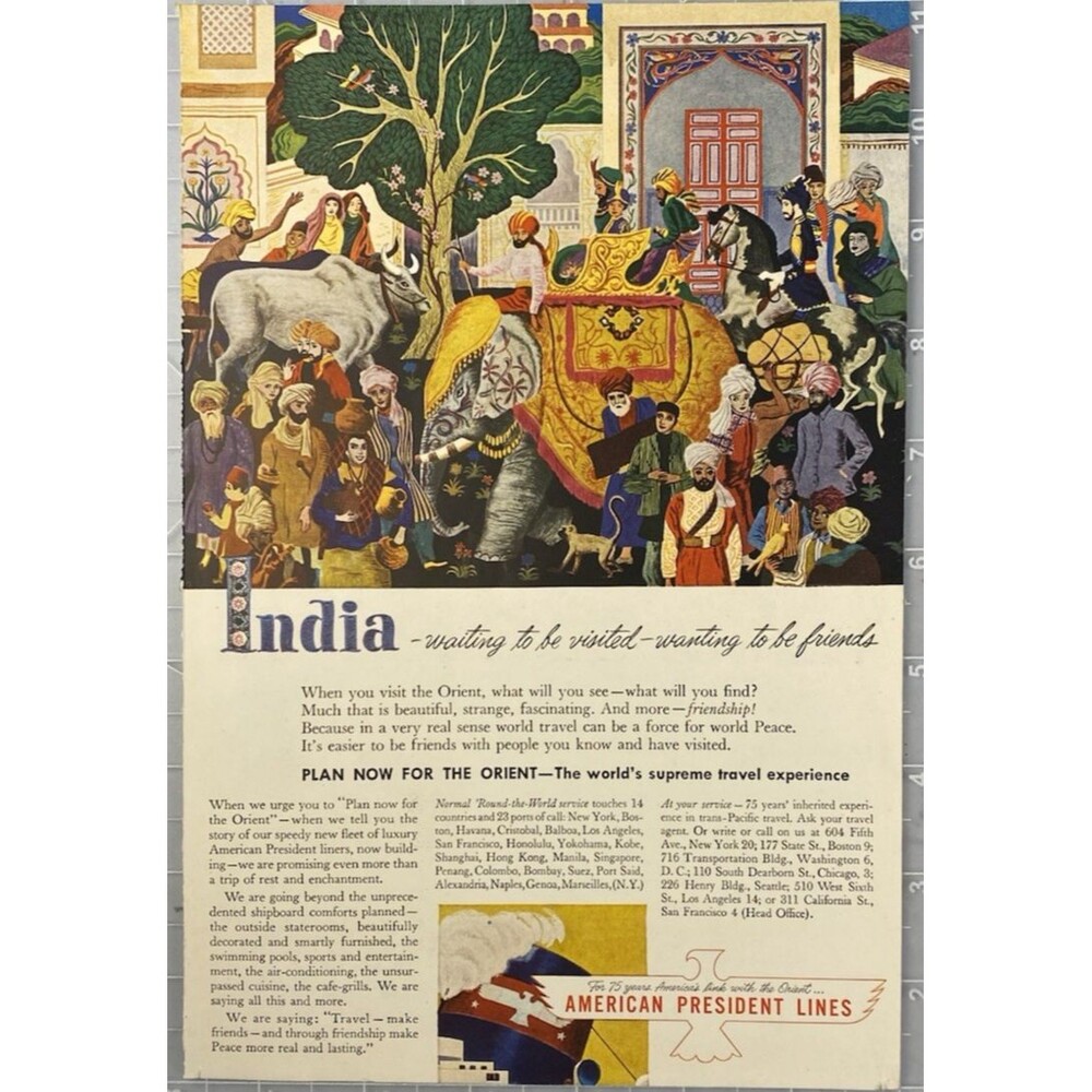American President Lines "India-Waiting to be visited" Vintage Art Print Ad 1946